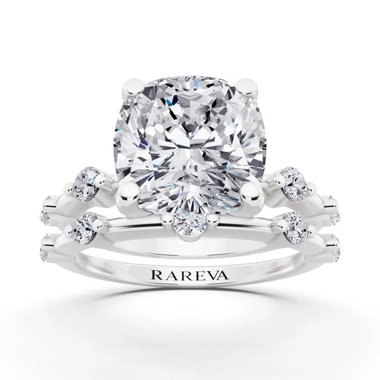 Platinum Cushion Cut Diamond Ring with Floating Accent Band - front view