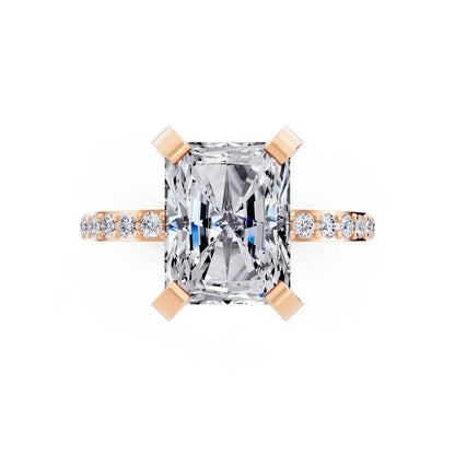 14 KT Rose Gold Radiant Cut Diamond Solitaire Ring with Pave Shank - top angle