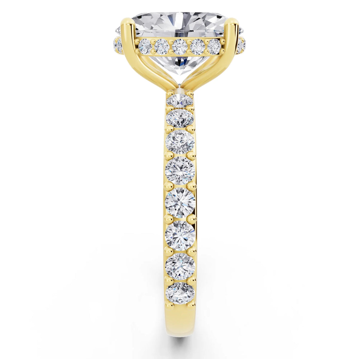 18 KT Yellow Gold Oval Cut Diamond Solitaire Ring with Hidden Halo and Pave Band - side view