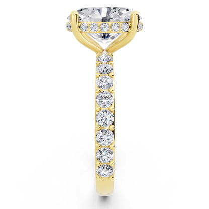18 KT Yellow Gold Oval Cut Diamond Solitaire Ring with Hidden Halo and Pave Band - side view