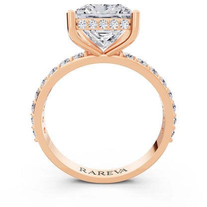 14 KT Rose Gold Princess Cut Diamond Solitaire Ring with Hidden Halo and Pave Band - through finger
