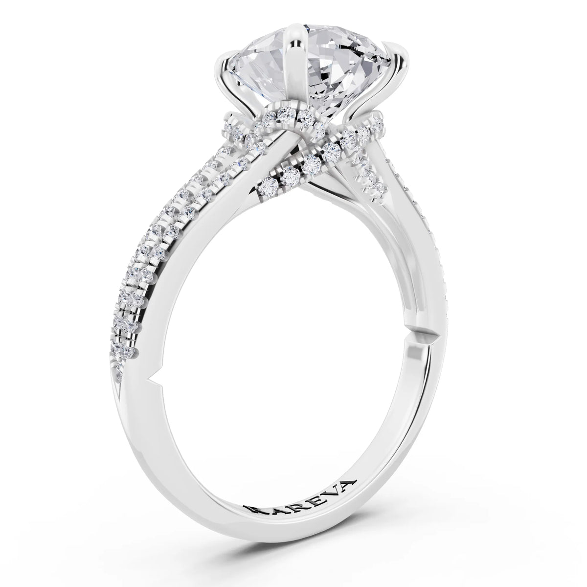 18 KT White Gold Pear Cut Diamond Ring with Pavé Split Shank - top view