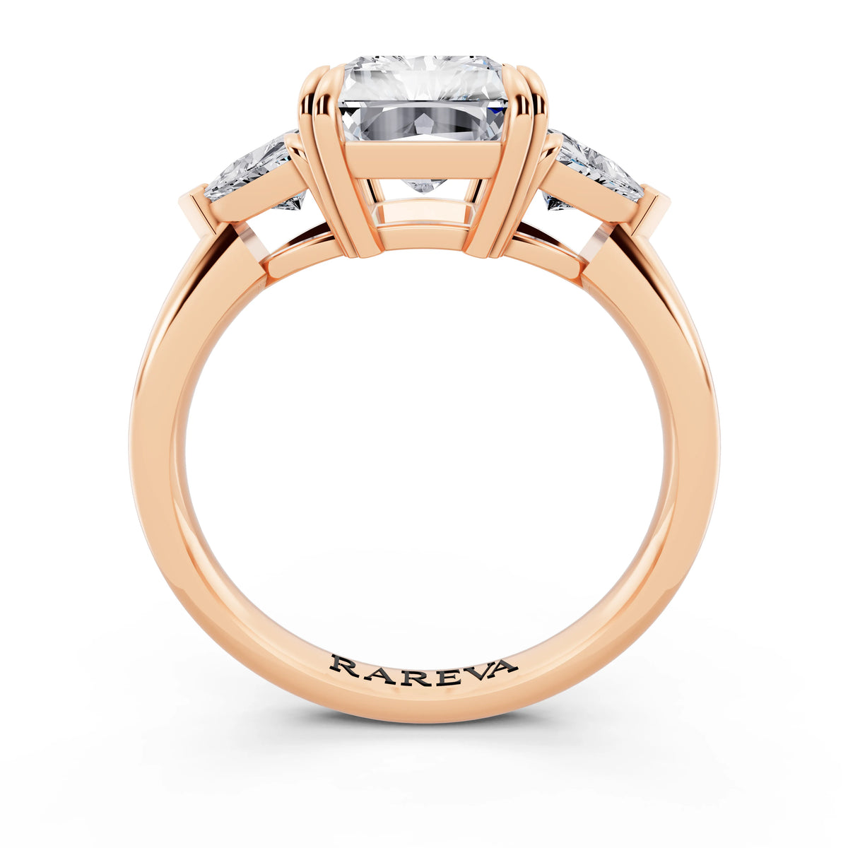 18 KT Rose Gold Radiant Cut Diamond Three Stone Ring with Trillion Accents - through finger