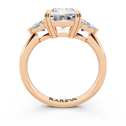 18 KT Rose Gold Radiant Cut Diamond Three Stone Ring with Trillion Accents - through finger