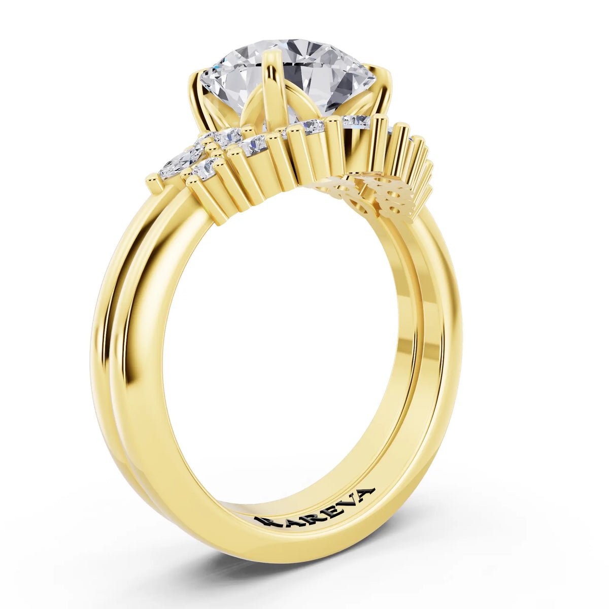 18 KT Yellow Gold Round Cut Diamond Ring with Curved Cluster Band - top view