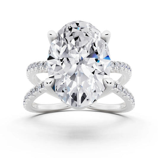 14 KT White Gold Oval Cut Diamond Ring with Twisted Split Shank - front view