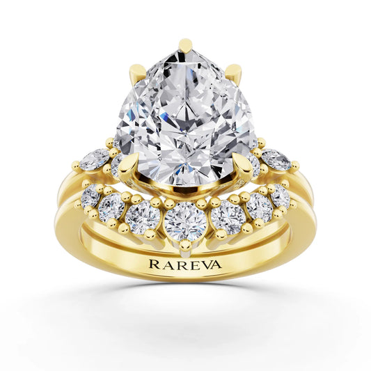 18 KT Yellow Gold Pear Cut Diamond Ring with Curved Cluster Band - front view