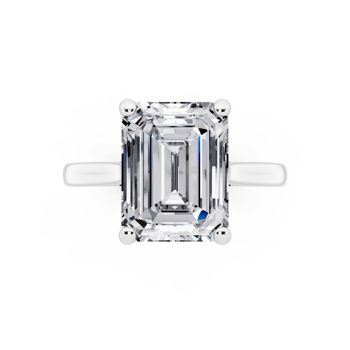 18 KT White Gold Emerald Cut Diamond Solitaire Ring with Cathedral Band - top angle