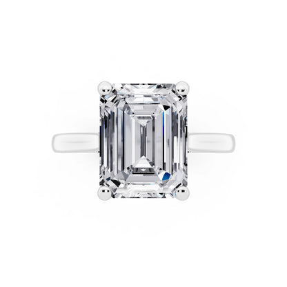 18 KT White Gold Emerald Cut Diamond Solitaire Ring with Cathedral Band - top angle
