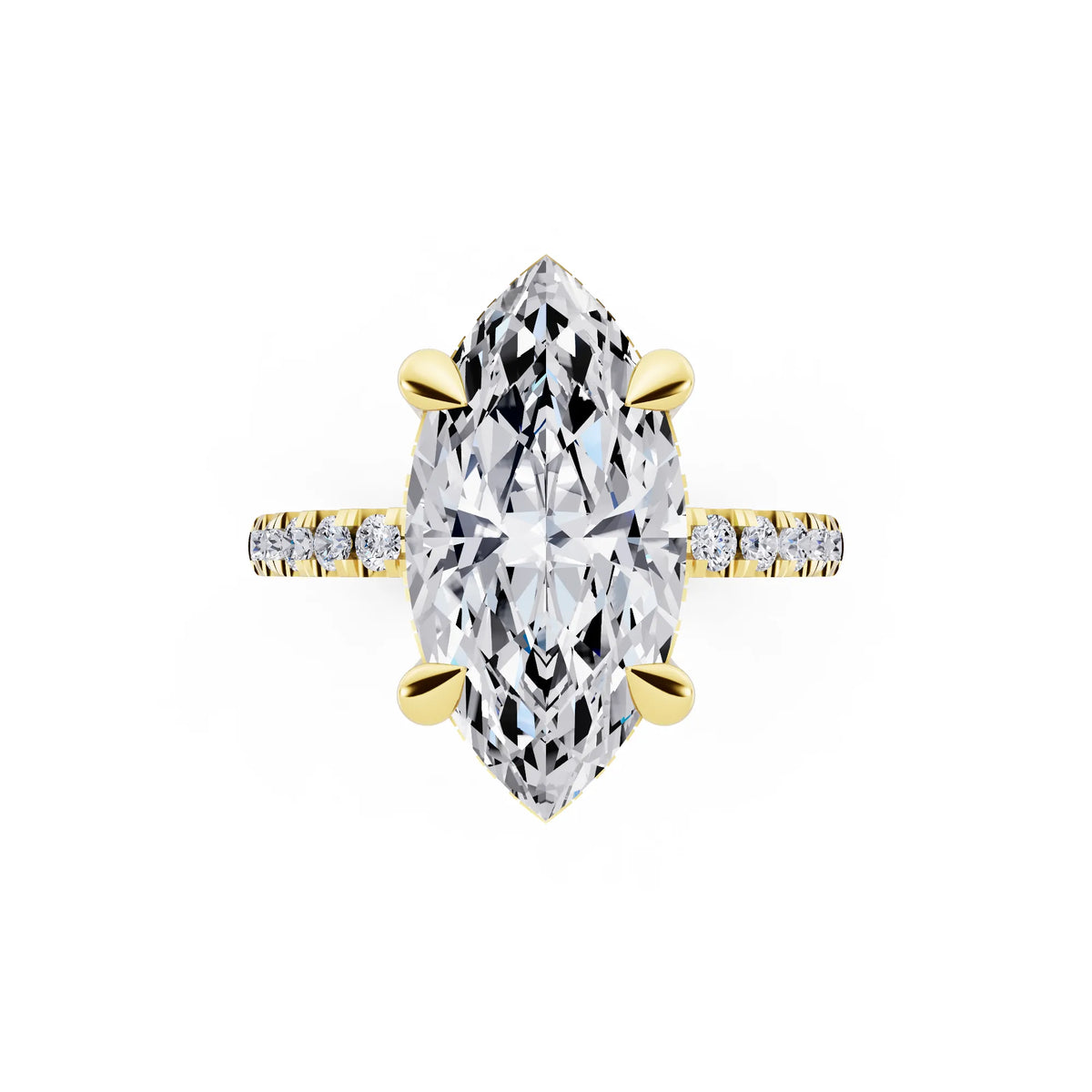 18 KT Yellow Gold Marquise Cut Diamond Solitaire Ring with Round Pavé Band and Prong Setting - top angle