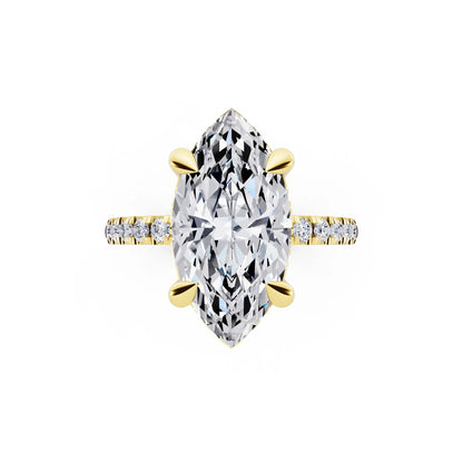 18 KT Yellow Gold Marquise Cut Diamond Solitaire Ring with Round Pavé Band and Prong Setting - top angle