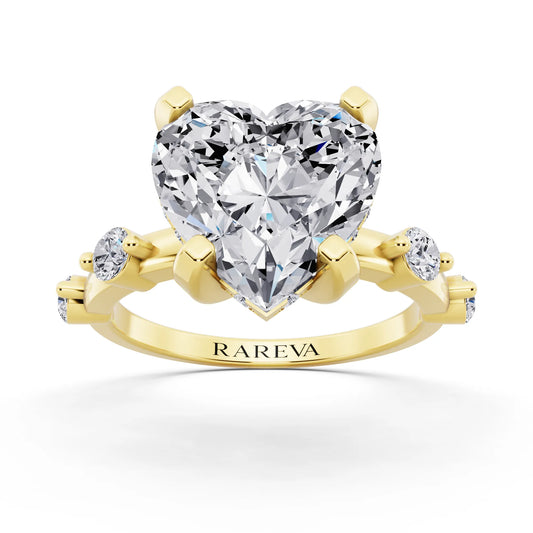 18 KT Yellow Gold Heart Cut Diamond Solitaire Ring with Floating Diamond Accents - front view