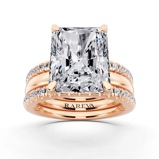 18 KT Rose Gold Radiant Cut Diamond Solitaire Twin Pave Band Stack Ring - front view