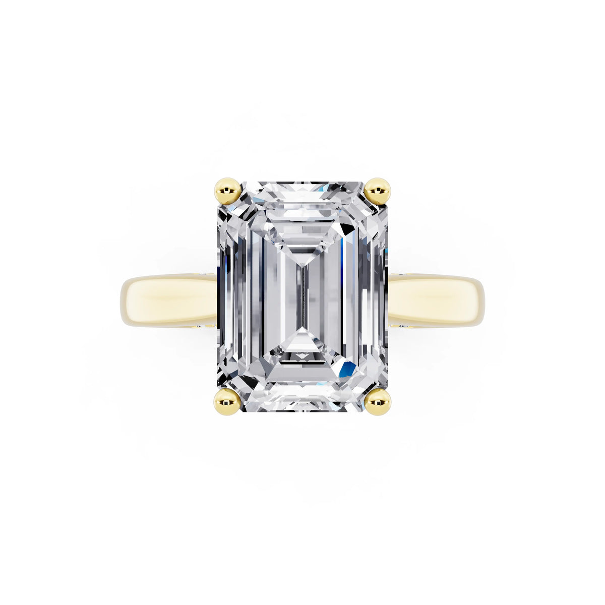 18 KT Yellow Gold Emerald Cut Diamond Solitaire Ring with Hidden Accent - top angle