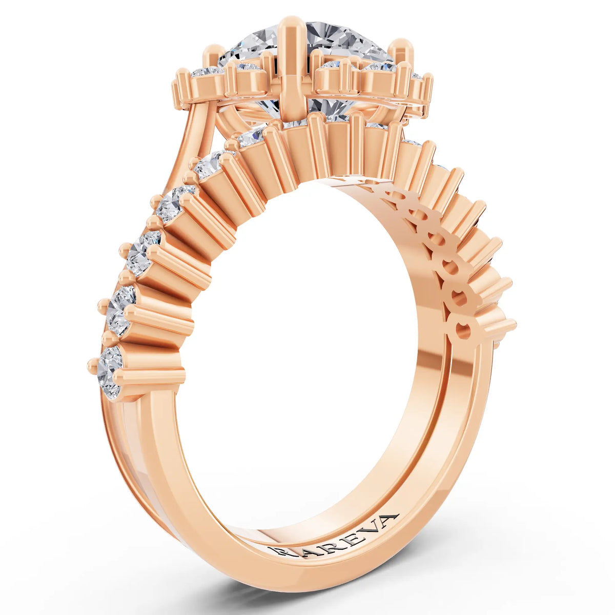 18 KT Rose Gold Round Cut Diamond Sunburst Halo Ring with Graduated Band - Top view