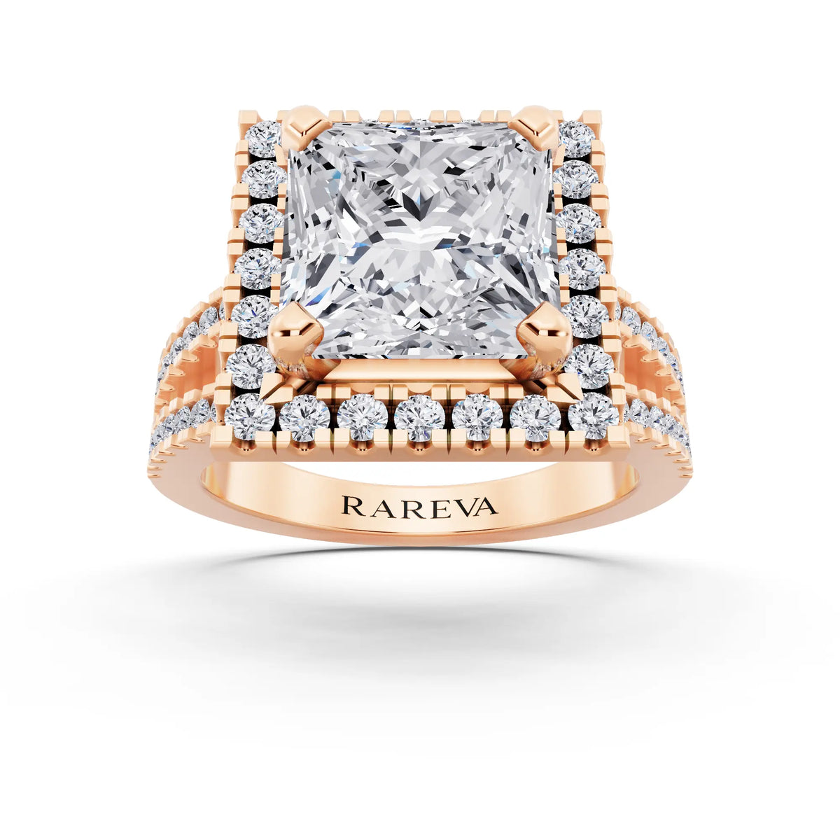 14 KT Rose Gold Princess Cut Diamond Halo Ring with Pave Split Shank - front view