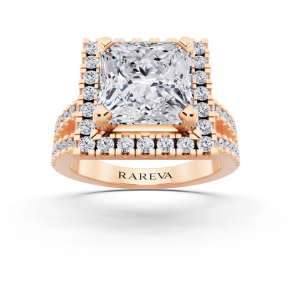 14 KT Rose Gold Princess Cut Diamond Halo Ring with Pave Split Shank - front view