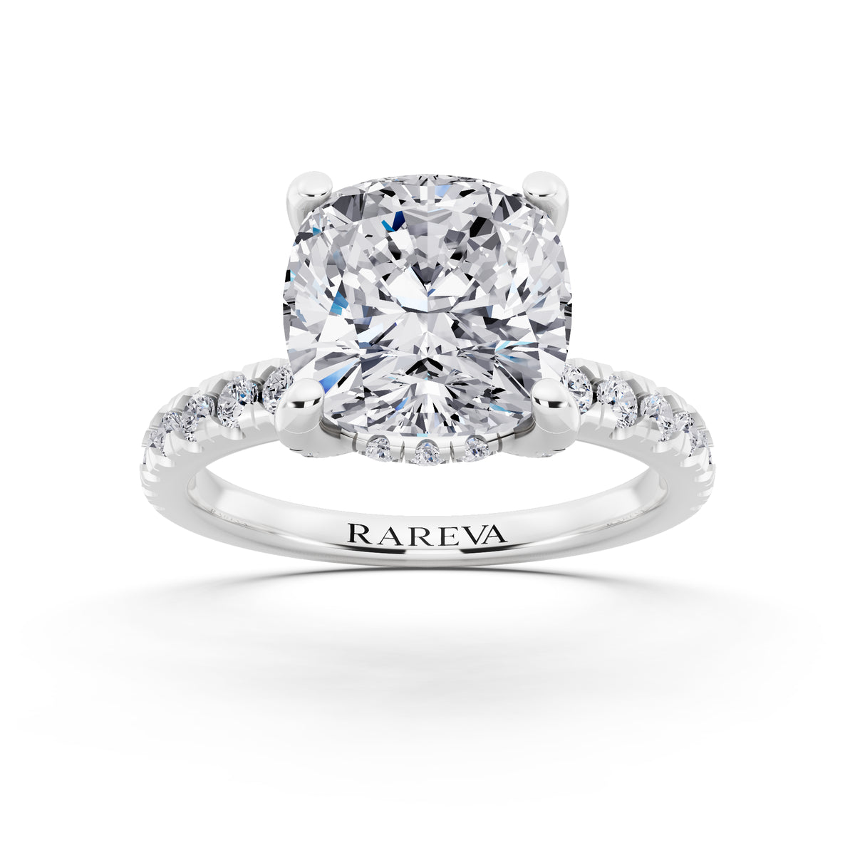 Platinum Cushion Cut Diamond Hidden Halo Ring with Pave Shank - front view