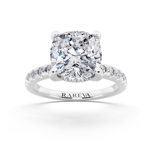 Platinum Cushion Cut Diamond Hidden Halo Ring with Pave Shank - front view