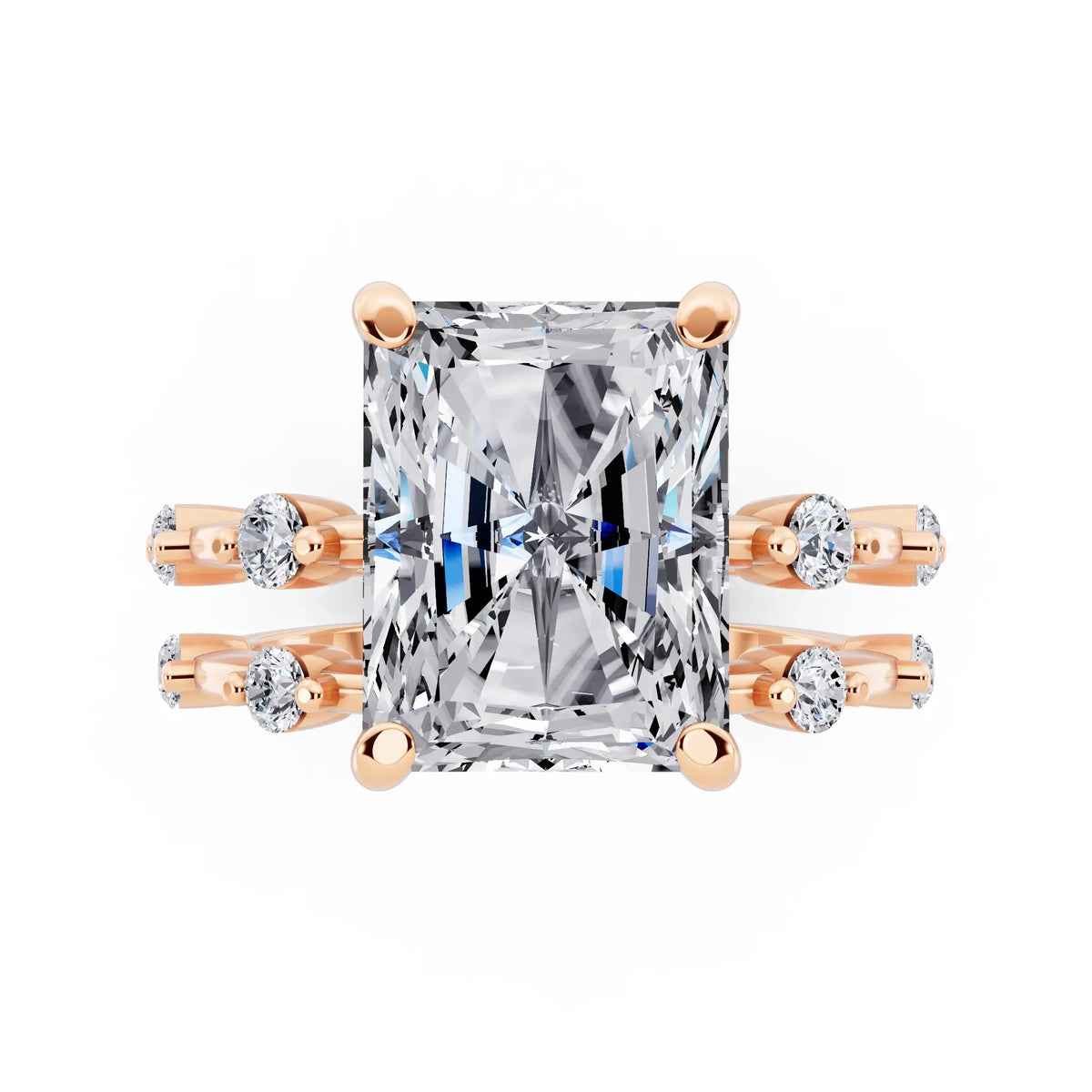 18 KT Rose Gold Radiant Cut Diamond Ring with Floating Accent Band - top angle