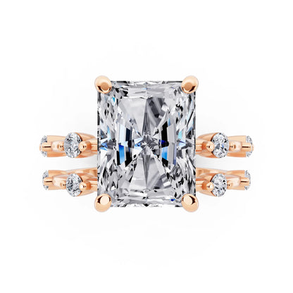 18 KT Rose Gold Radiant Cut Diamond Ring with Floating Accent Band - top angle