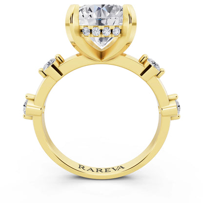 14 KT Yellow Gold Round Cut Diamond Solitaire Ring with Floating Diamond Accents - through finger