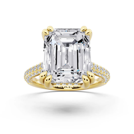 18 KT Yellow Gold Emerald Cut Diamond Hidden Halo Double Claw Pave Band Ring - front view