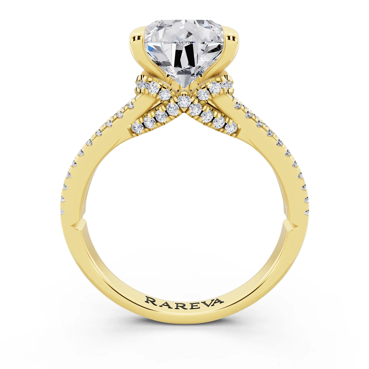 18 KT Yellow Gold Pear Cut Diamond Ring with Pavé Split Shank - through finger