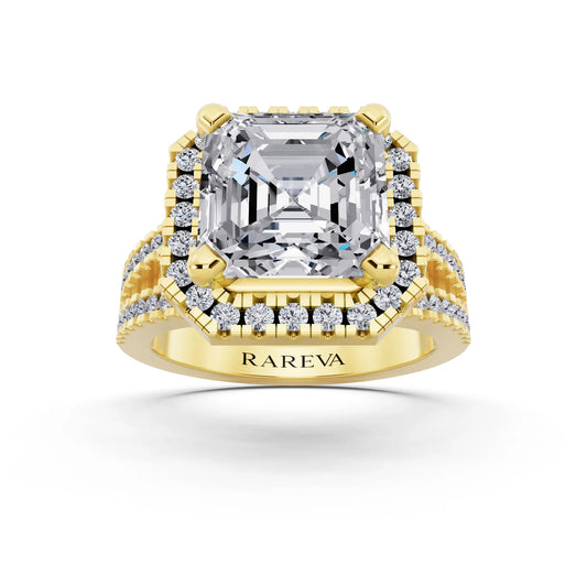 14 KT Yellow Gold Asscher Cut Diamond Halo Ring with Pave Split Shank - front view