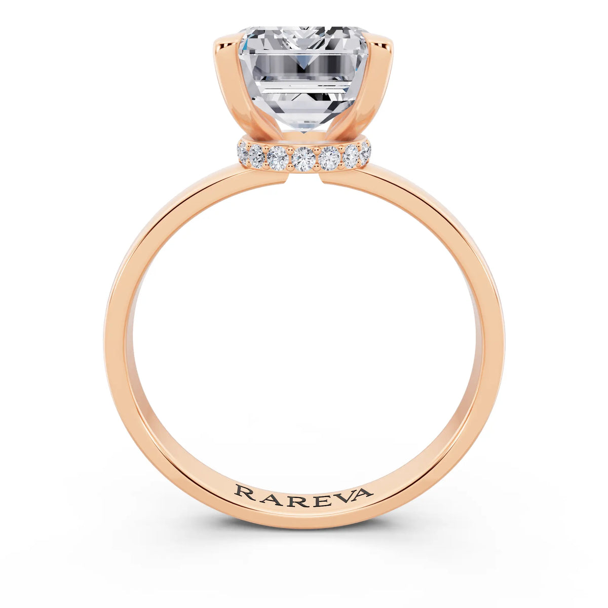 14 KT Rose Gold Emerald Cut Diamond Solitaire Ring with Pave Collar - through finger
