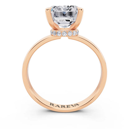 14 KT Rose Gold Emerald Cut Diamond Solitaire Ring with Pave Collar - through finger