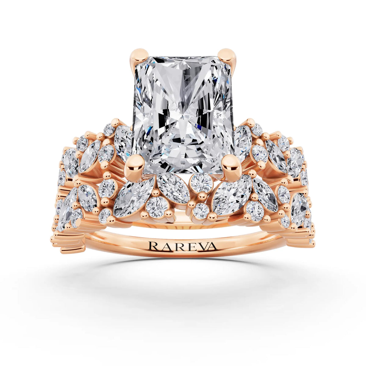 18 KT Rose Gold Radiant Cut Diamond Ring with Marquise Cluster Band - front view