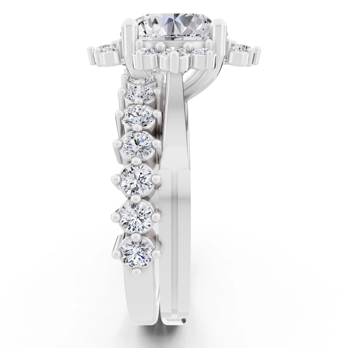 14 KT White Gold Round Cut Diamond Sunburst Halo Ring with Graduated Band - Side view