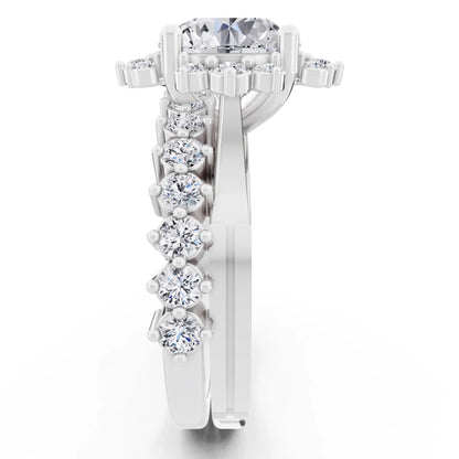 14 KT White Gold Round Cut Diamond Sunburst Halo Ring with Graduated Band - Side view