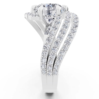 14 KT White Gold Round Cut Diamond Solitaire Ring with Swirl Pave Bands - Side view