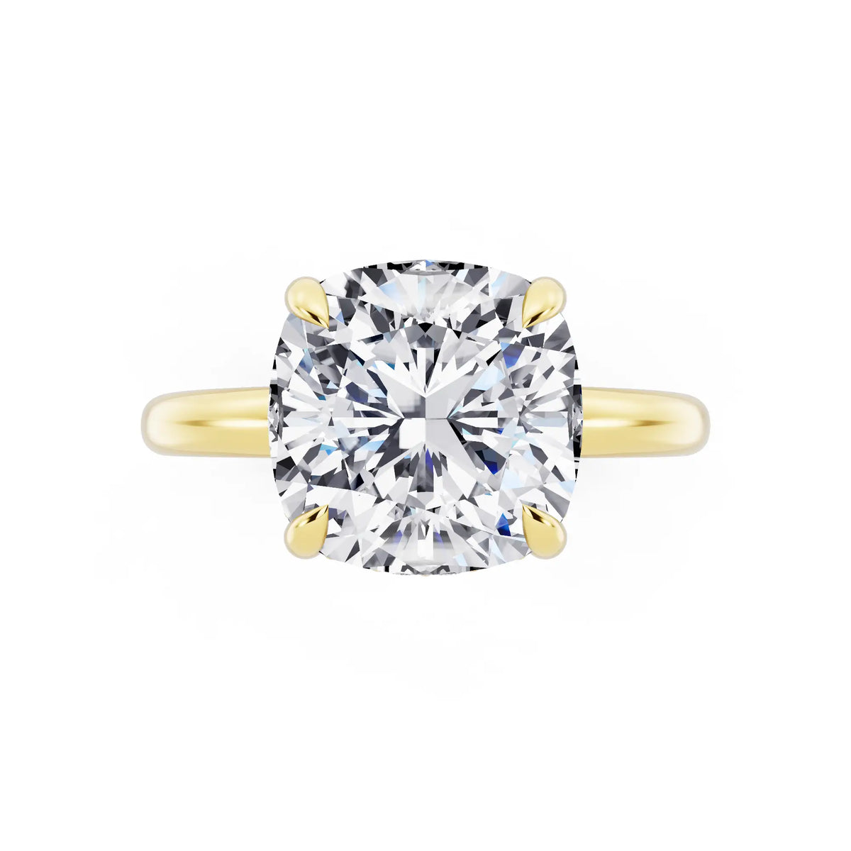 18 KT Yellow Gold Cushion Cut Diamond Hidden Halo Solitaire Ring - top angle