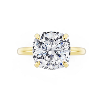 18 KT Yellow Gold Cushion Cut Diamond Hidden Halo Solitaire Ring - top angle