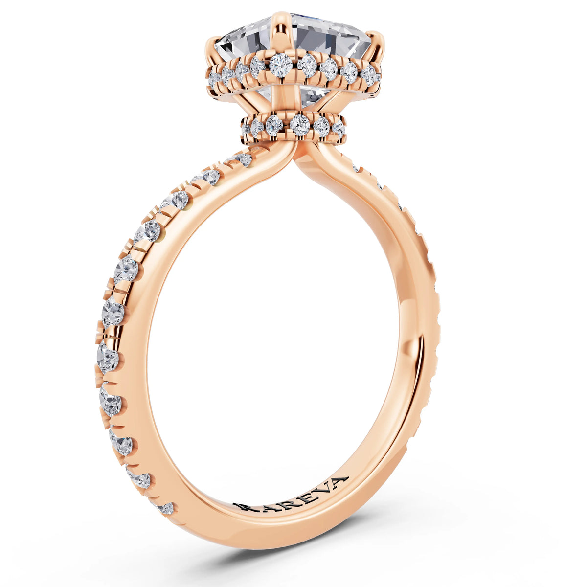 18 KT Rose Gold Asscher Cut Diamond Hidden Halo Ring with Pave Band - top view