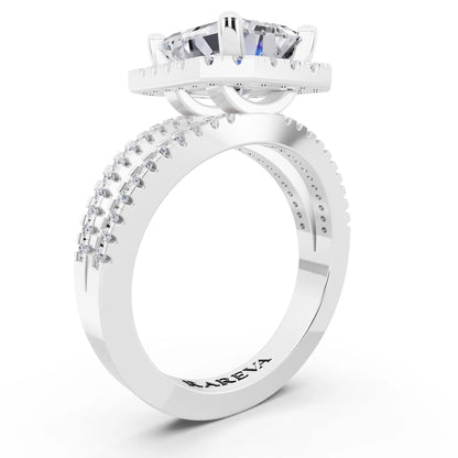 18 KT White Gold Emerald Cut Diamond Halo Ring with Pave Split Shank - top view