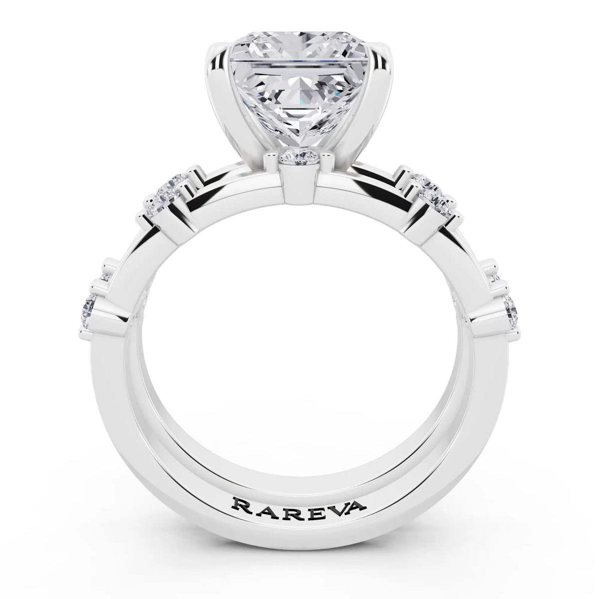 Platinum Princess Cut Diamond Ring with Floating Accent Band - through finger