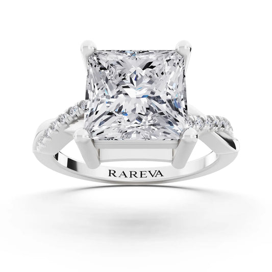 Platinum Princess Cut Diamond Solitaire Ring with Twisted Pave Band - Front