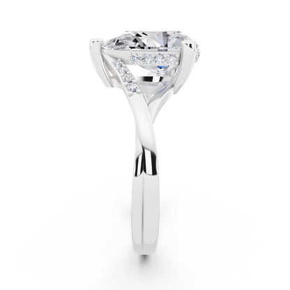 18 KT White Gold Pear Cut Diamond Split Shank Engagement Ring with Hidden Halo - side view