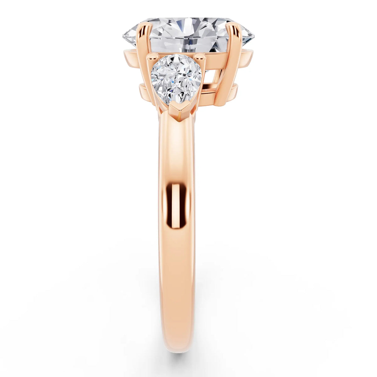 14 KT Rose Gold Oval Cut Diamond Three Stone Pear Accent Ring - side view