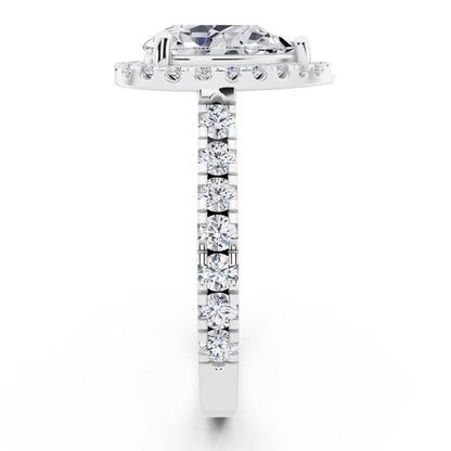 18 KT White Gold Pear Cut Diamond Halo Ring with Pave Band - Side view