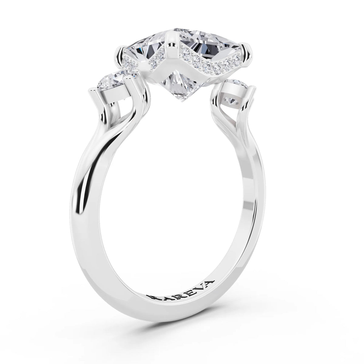 18 KT White Gold Princess Cut Diamond Three Stone Engagement Ring with Hidden Halo - top view