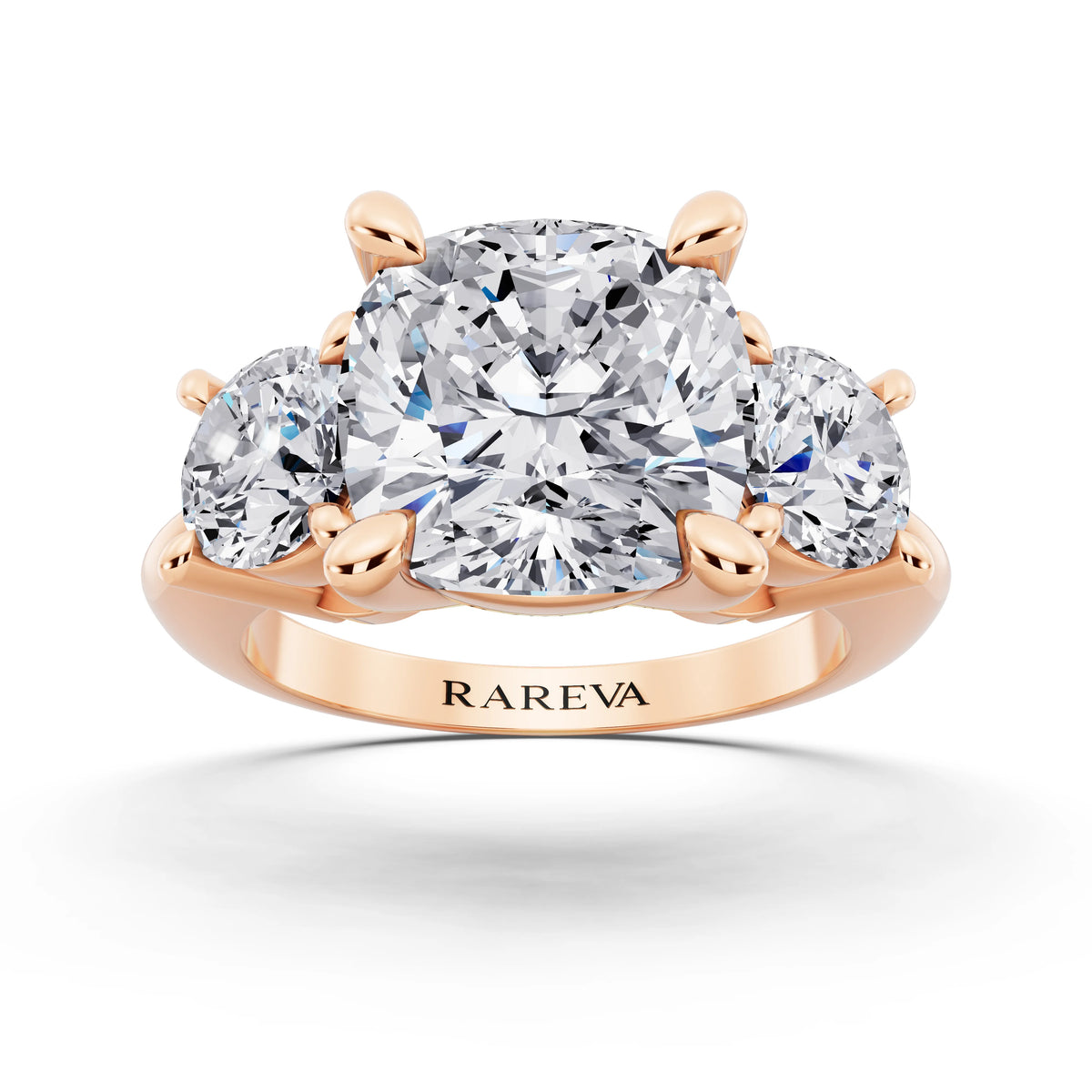 14 KT Rose Gold Cushion Cut Diamond Three Stone Ring with Round Accents - front view