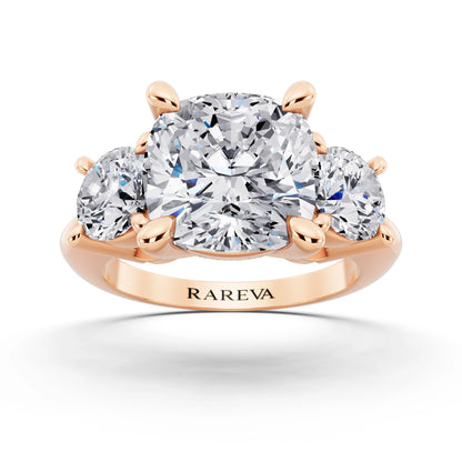 14 KT Rose Gold Cushion Cut Diamond Three Stone Ring with Round Accents - front view
