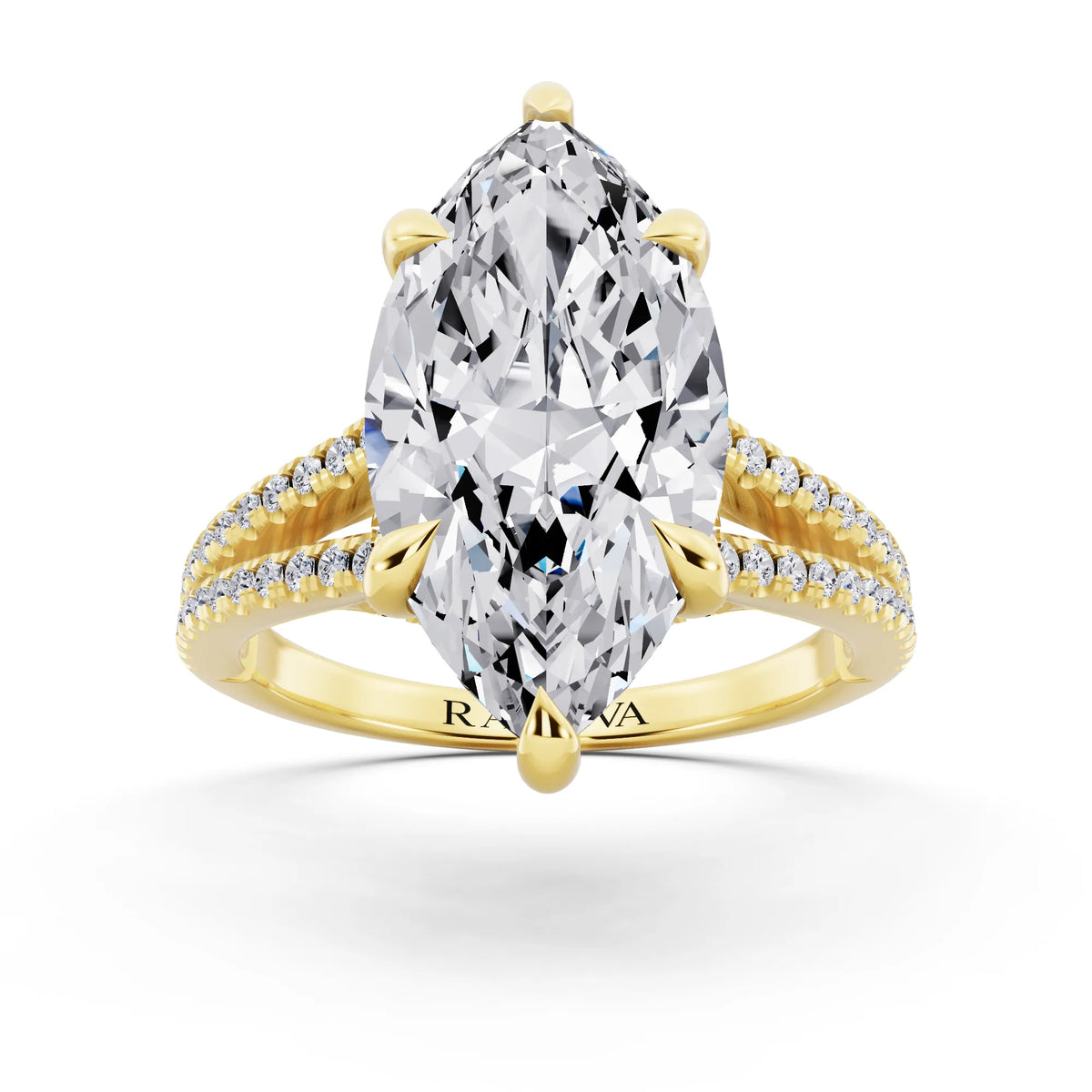 18 KT Yellow Gold Marquise Cut Diamond Ring with Pavé Split Shank - front view