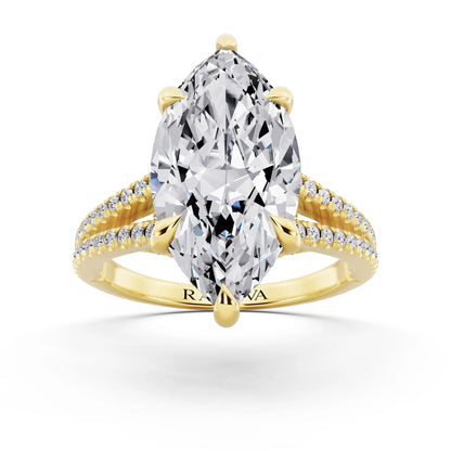 18 KT Yellow Gold Marquise Cut Diamond Ring with Pavé Split Shank - front view