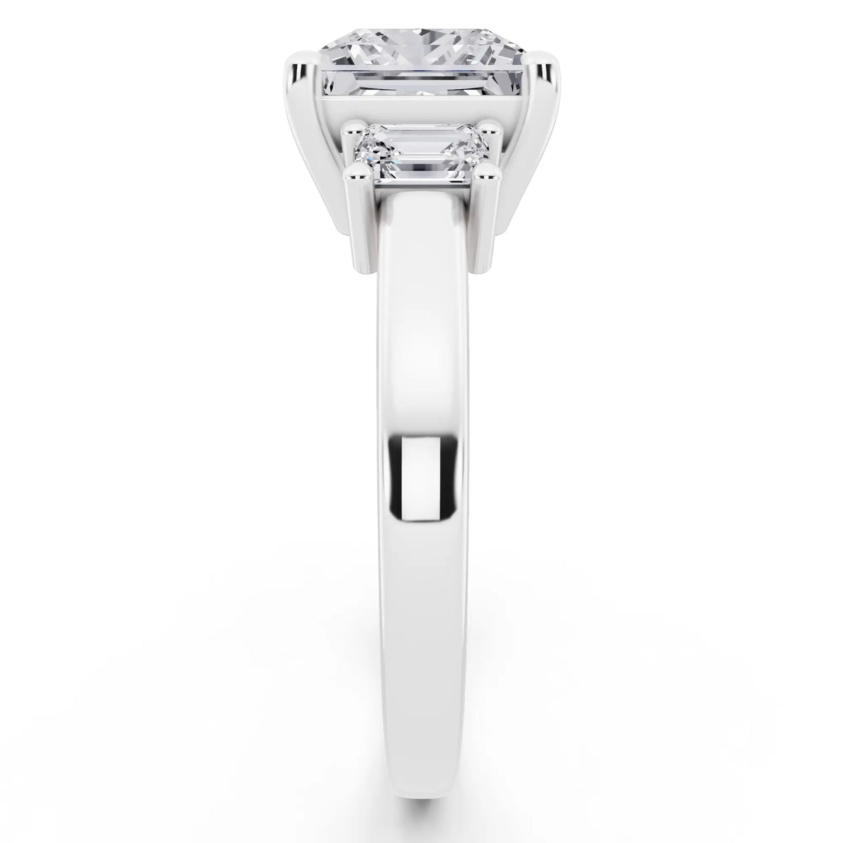 18 KT White Gold Princess Cut Diamond Three Stone Emerald Accent Ring - side view